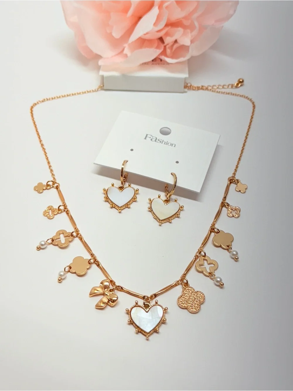 Gold-Tone Heart & Charm Necklace Set - White Accents #classic fashion